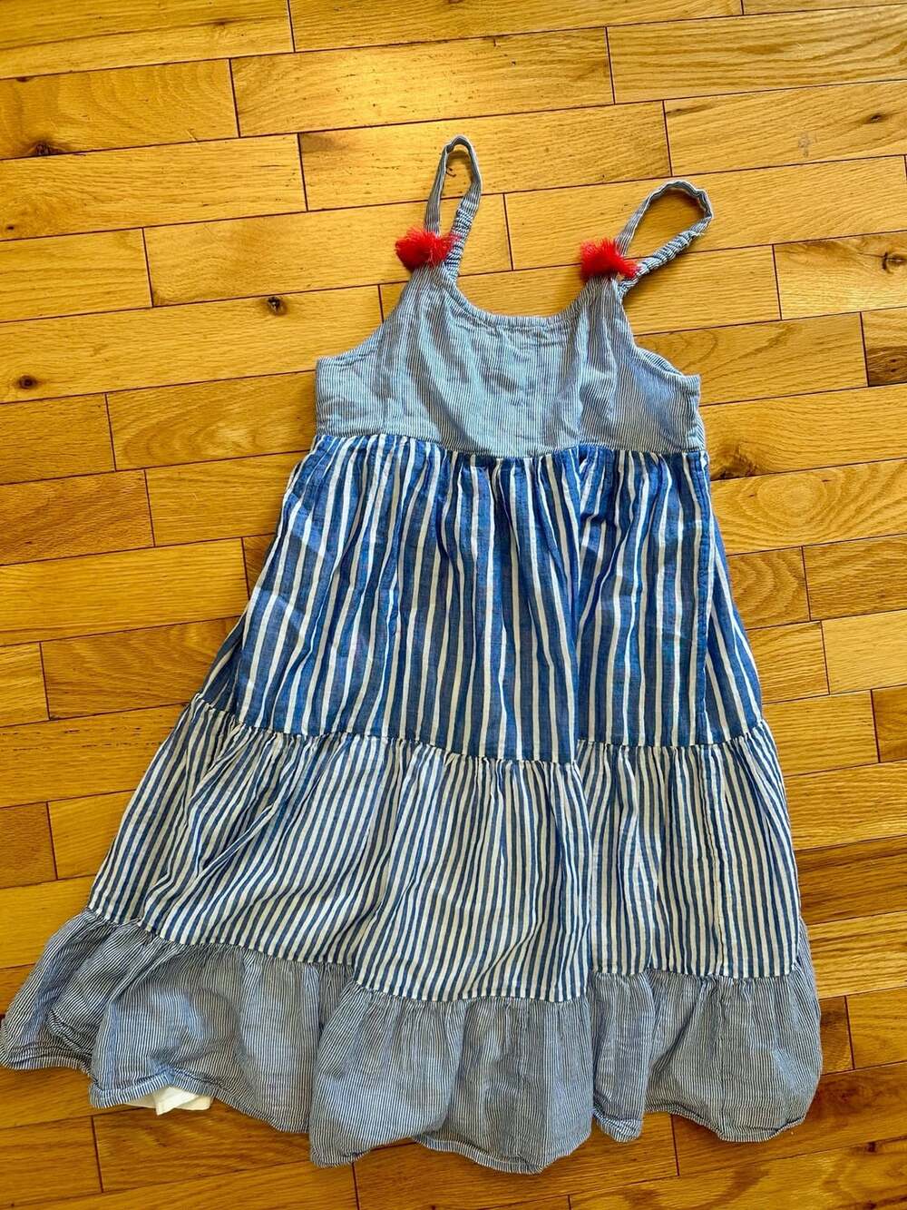 Boden Striped Tiered Dress Size 6-7Y Blue White Tassels